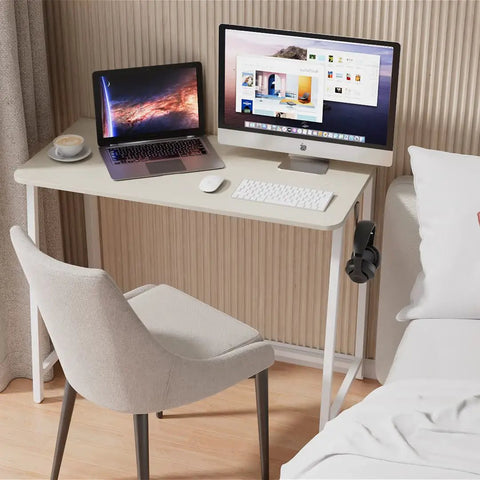 Compact Folding Desk For Small Spaces 31.5 Inch Oak Finish Computer Table For Home Office And Tiny Rooms, with laptop and monitor