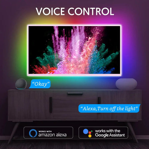 TV displaying colorful visuals with 9.8Ft RGB WiFi TV Backlight Strip With Alexa Google Assistant Control Music Sync 16 Million Colors Remote