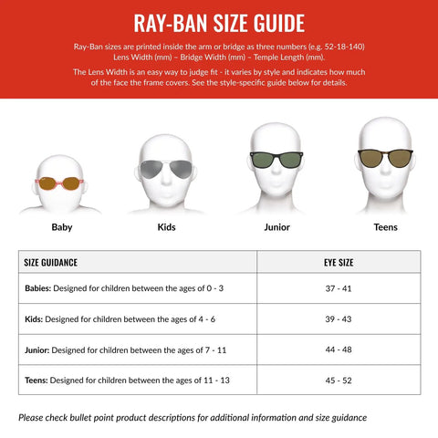 Ray-Ban size guide for Baby, Kids, Junior, and Teens with age and eye size details in a chart.