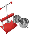 Heavy Duty T Handle Fruit Wine Press With Dual Stainless Steel Barrels, red manual grape press with two stainless steel containers.