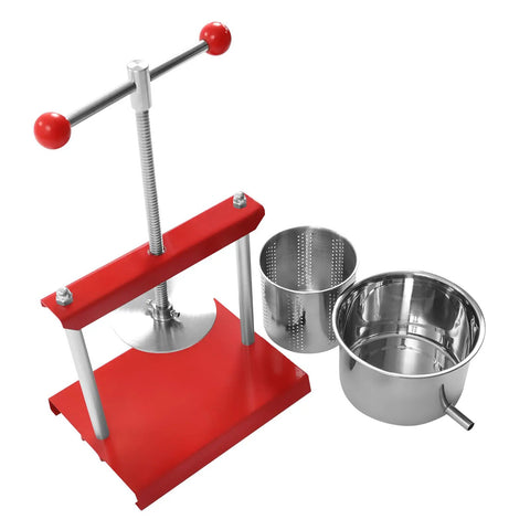 Heavy Duty T Handle Fruit Wine Press With Dual Stainless Steel Barrels, red manual grape press with two stainless steel containers.