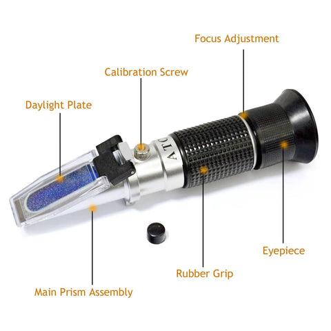 3 In 1 Honey Refractometer With ATC For Honey Moisture Brix And Baume Readings 12 27 Percent Moisture 58 90 Percent Brix 38 43 Percent Baume For Honey Maple Syrup And Molasses Beekeeping Essential with daylight plate, calibration screw and eyepiece
