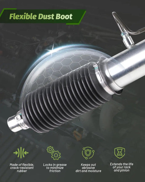 Flexible dust boot on Toyota Tacoma and 4Runner hydraulic power steering rack and pinion assembly, highlighting durability and performance.