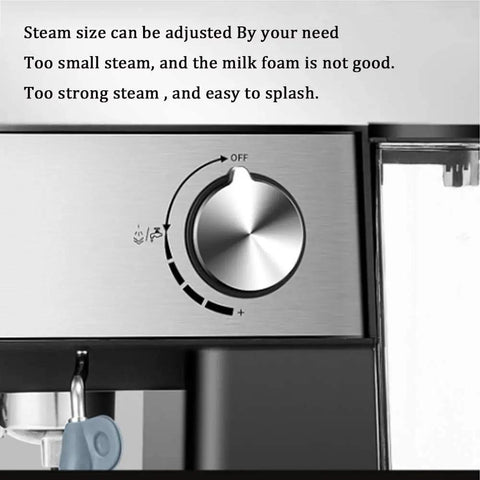 Heavy Duty Semi Automatic Espresso Maker With Built In Milk Frother And Rust Proof Stainless Steel Finish, steam size adjustable knob.