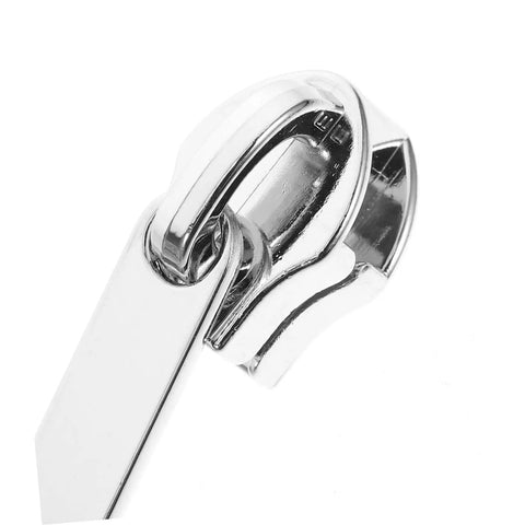 Close-up view of a silver zipper slider from the 4 Pack Zipper Repair Kit For Luggage And Gear, Universal Zipper Pull Replacements.