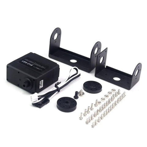 Beefy Heavy Duty Digital Servo With 17Kg High Torque Full Metal Gear Dual Ball Bearings 180 Degree Control shown with mounting brackets and screws.