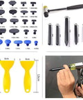 Adjustable Golden Dent Lifter Kit For Cars Pro Grade Dent Repair Tools Set With Dent Puller, tabs, soft rubber tips, hammer shown.