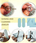 Jewelry before and after cleaning with cleaning cloths; results demonstrate restored shine on a ring.