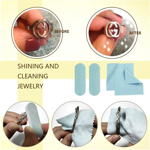 Jewelry before and after cleaning with cleaning cloths; results demonstrate restored shine on a ring.
