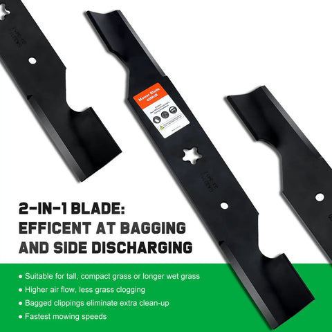 Z254F 54 Inch High Lift Mower Blades for Husqvarna zero-turn mowers, showing 2-in-1 blade design for bagging and side discharge.
