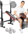 Man using 900 Lb All In One Weight Bench Set With Squat Rack Adjustable Bench Leg Developer Preacher Curl Rack And Multi Press Stations