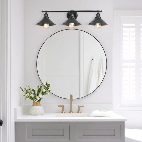 Three Light Bathroom Light Fixture With Black Metal Shade Industrial Indoor Wall Mount Sconce above round mirror in bathroom.