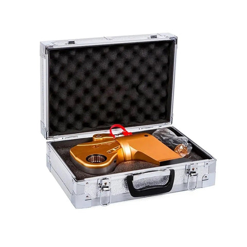 Heavy Duty Manual Hydraulic Torque Wrench With 360 Swivel Head and Precision Square Drive in an aluminum case with foam padding.