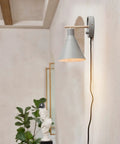 Wall: Plug In Or Hardwire Wall Sconce 2 In 1 Dimmer Backplate Matte Gray With Faux Wood Accents Black Fabric Cord Dimmable Wall Light
