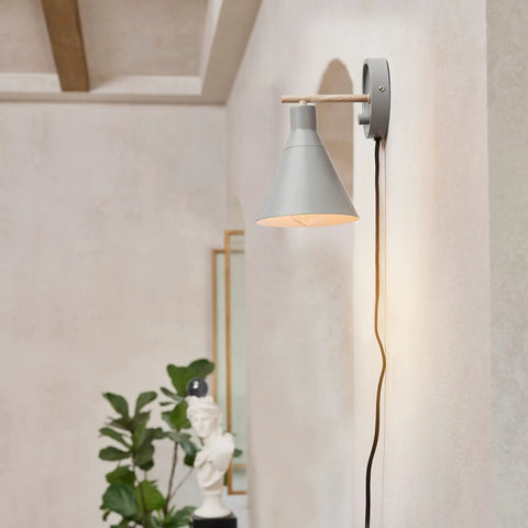 Wall: Plug In Or Hardwire Wall Sconce 2 In 1 Dimmer Backplate Matte Gray With Faux Wood Accents Black Fabric Cord Dimmable Wall Light