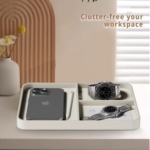 Premium PU Leather Jewelry And Key Organizer Grab-And-Go Tray for Desk or Nightstand with phone and watches visible