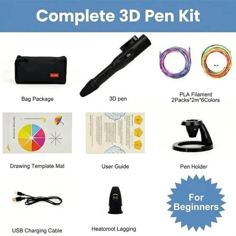 3D Printing Pen Kit With Adjustable Temperature And Stepless Speed PLA And ABS Compatible LCD Display Slick Grip For Creative Art And DIY Projects Black complete kit display.