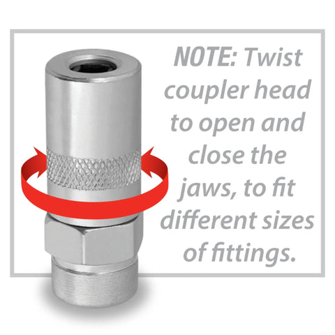 Twist coupler for Lever Action Industrial And Commercial Grease Gun With Heavy Duty Cast Head And 3 Way Loading.