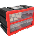 Two Drawer Interlocking Storage Bin System With Transparent Drawers For Easy Tool Storage, Stackable Or Wall Mountable, Durable Polypropylene Construction With Secure Drawer Catches