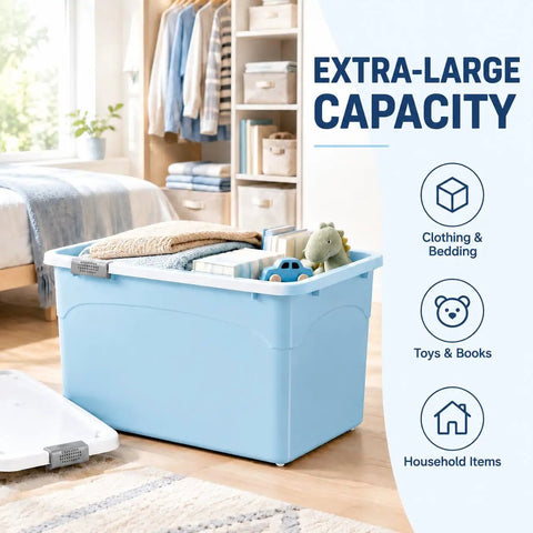 Hassle Free Stackable Storage Bins With Slick Rolling Wheels And Secure Tight Fitting Lids tailored for organizing clothing, toys, and books.