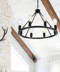 Black Farmhouse Wagon Wheel Chandelier with 8-Light 23.6 Inch Vintage Industrial Round Pendant Ceiling Light Fixture