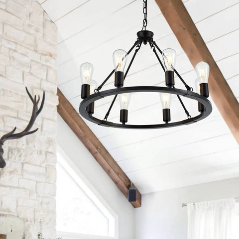 Black Farmhouse Wagon Wheel Chandelier with 8-Light 23.6 Inch Vintage Industrial Round Pendant Ceiling Light Fixture