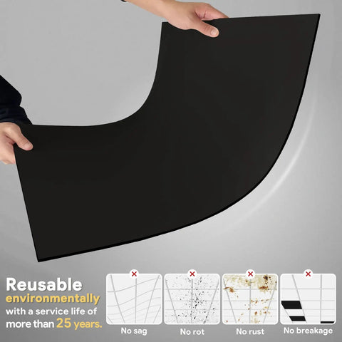 Person holding smooth black drop ceiling tile 2x2 foot PVC waterproof washable and fire rated high grade PVC easy drop in installation.