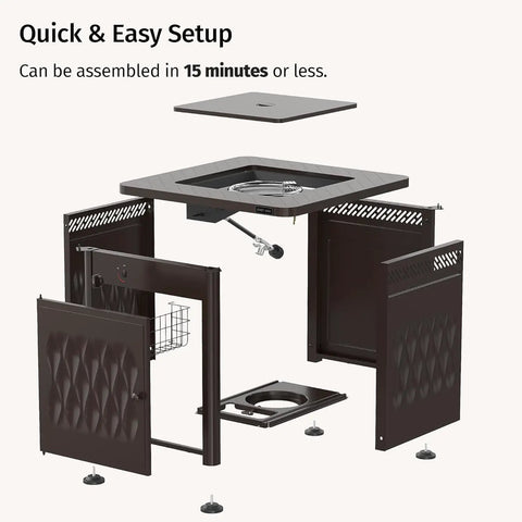 Exploded view of Powerful 52,000 BTU Outdoor Propane Fire Pit Table for patio with easy assembly in 15 minutes or less