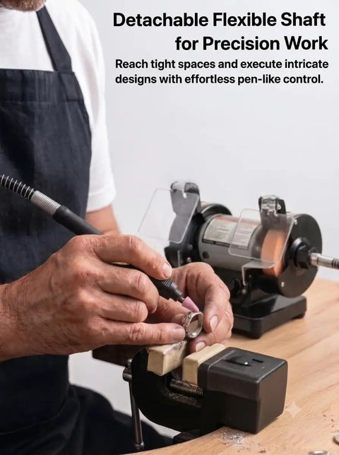 Mini Bench Grinder And Polisher With Variable Speed in use, flexible shaft engraving on ring for jewelry making on a workbench.