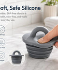 Four Pack Silicone Bathtub Drain Stopper Designed For Easy Pull Loop Handle With Slick Watertight Sealing That Blocks Hair Clogs To Keep Your Daily Routine Easy Peasy, close-up of BPA-free silicone.