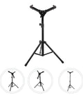 Foldable Drum Rack And Alloy Dumbbell Stand With Snare Practice Pad Tough Storage Shelf Setup For Sick Beats Or Pumping Iron upright view with collapsible steel frame.