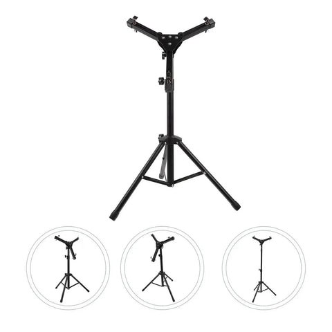 Foldable Drum Rack And Alloy Dumbbell Stand With Snare Practice Pad Tough Storage Shelf Setup For Sick Beats Or Pumping Iron upright view with collapsible steel frame.