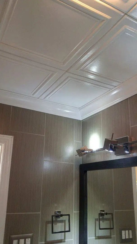 Glue Up Foam Ceiling Tiles For Popcorn Ceilings 48 Pack 128 Sq Ft Per Case Plain White Lightweight Styrofoam Panels in bathroom