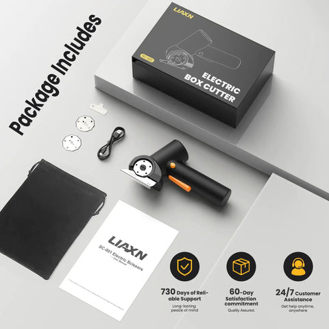 Heavy Duty Electric Cardboard Cutter With Tungsten Steel Blades, 4000Mah Battery And High Torque Brushless Motor in its package with accessories.