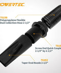 Two And A Quarter Inch Dust Collection Flexible Hose Kit With Screw End Fittings, Tapered Oval Nozzle, Black, side view