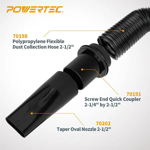 Flexible Dust Collection Hose Kit Two And One Quarter Inch Diameter With 12 Inch Segment Hose Black showing parts and connections