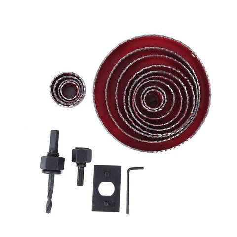 Ultimate 16-Piece Hole Saw Kit Made From Heavy Red Steel For Cutting Wood PVC Pipe And Plastic Boards Perfect For Pro Work Or Serious DIY Home Projects To Make Any Cut Look Totally Rad And Professional, 16-piece set with mandrels, pilot bits, and hex key