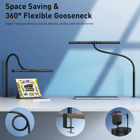 Clamp On Desk Lamp For Home Office With Remote And Gesture Control Eye Friendly LED showing gooseneck design and desk clamp