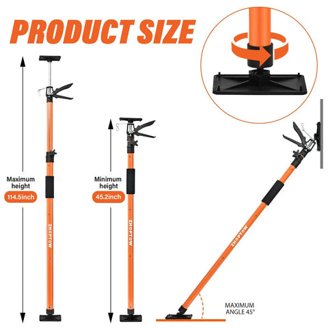 Heavy Duty Adjustable Support Pole Cabinet Jack Drywall Lift 45 To 114 Inch showing product size measurements and adjustable features.