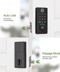 Top Notch Smart Door Lock With Keyless Entry Deadbolt Build; shows auto lock feature and passage mode options on sleek design.