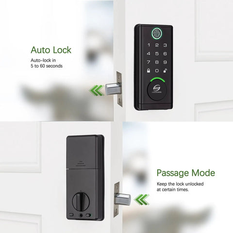 Top Notch Smart Door Lock With Keyless Entry Deadbolt Build; shows auto lock feature and passage mode options on sleek design.