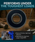 Four Pack 6201-2RS Chrome Steel Sealed Ball Bearings with rubber seals, optimized for high RPM, rugged use, low friction.