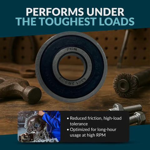 Four Pack 6201-2RS Chrome Steel Sealed Ball Bearings with rubber seals, optimized for high RPM, rugged use, low friction.