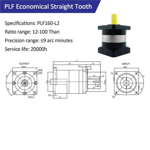 PLF Economical Straight Tooth gearbox with 160mm size, 12-100 ratio, used for precision machinery applications.