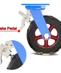 Kickass Heavy Duty Solid Rubber Caster Wheels Set Of 4 Industrial swivel plate caster showing brake pedal and tapered roller design.