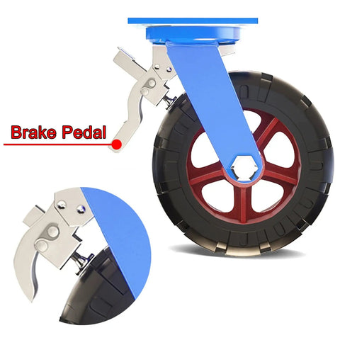 Kickass Heavy Duty Solid Rubber Caster Wheels Set Of 4 Industrial swivel plate caster showing brake pedal and tapered roller design.