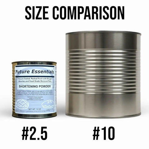 Size comparison of a 12 oz can of Shelf-Stable Shortening Powder For Frying And Baking, Reconstitutes With Water, and a larger can.