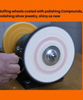 Premium 6 Inch Cotton Buffing Wheel Kit For Bench Grinders And Polishers in use on silver jewelry with shiny finish.
