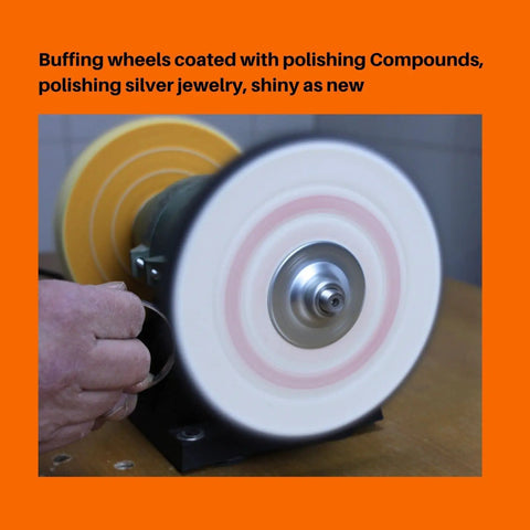 Premium 6 Inch Cotton Buffing Wheel Kit For Bench Grinders And Polishers in use on silver jewelry with shiny finish.