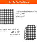 Six Foot Picnic Table And Bench Cover Set Waterproof Windproof Elastic Tablecloth Fits 72 By 30 Inches Tables And 12 By 72 Inches Benches Three Pack With Table Cover And Bench Covers Black White Checkered Outdoor Camping Gear shown folded.